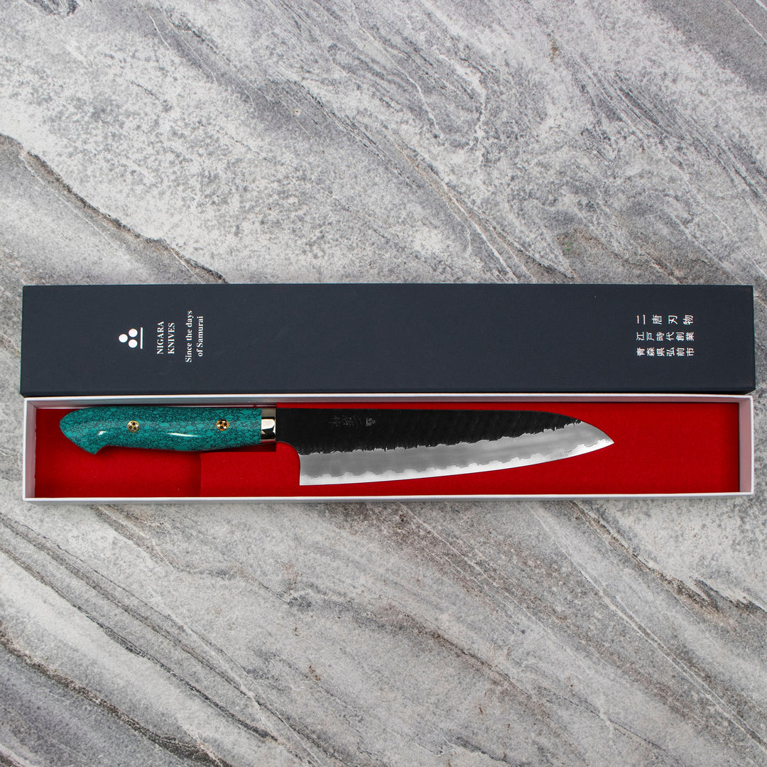 Gyuto 21 cm Nigara Hamono Kurouchi Green Turquoise SG2