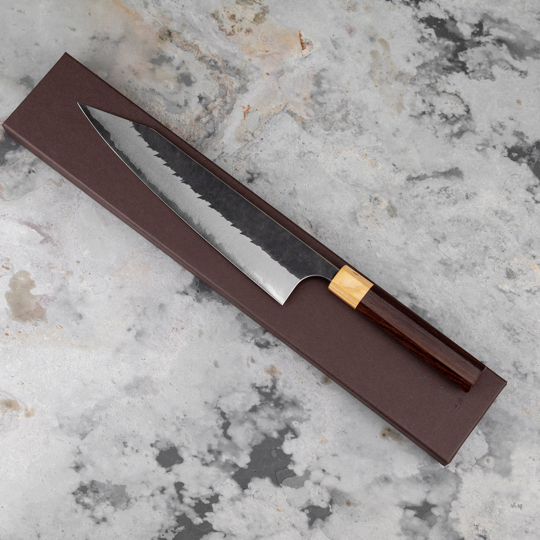 Kiritsuke Gyuto 24 cm Yoshimi Kato Kurouchi V-Tsuchime Aogami Super/SS