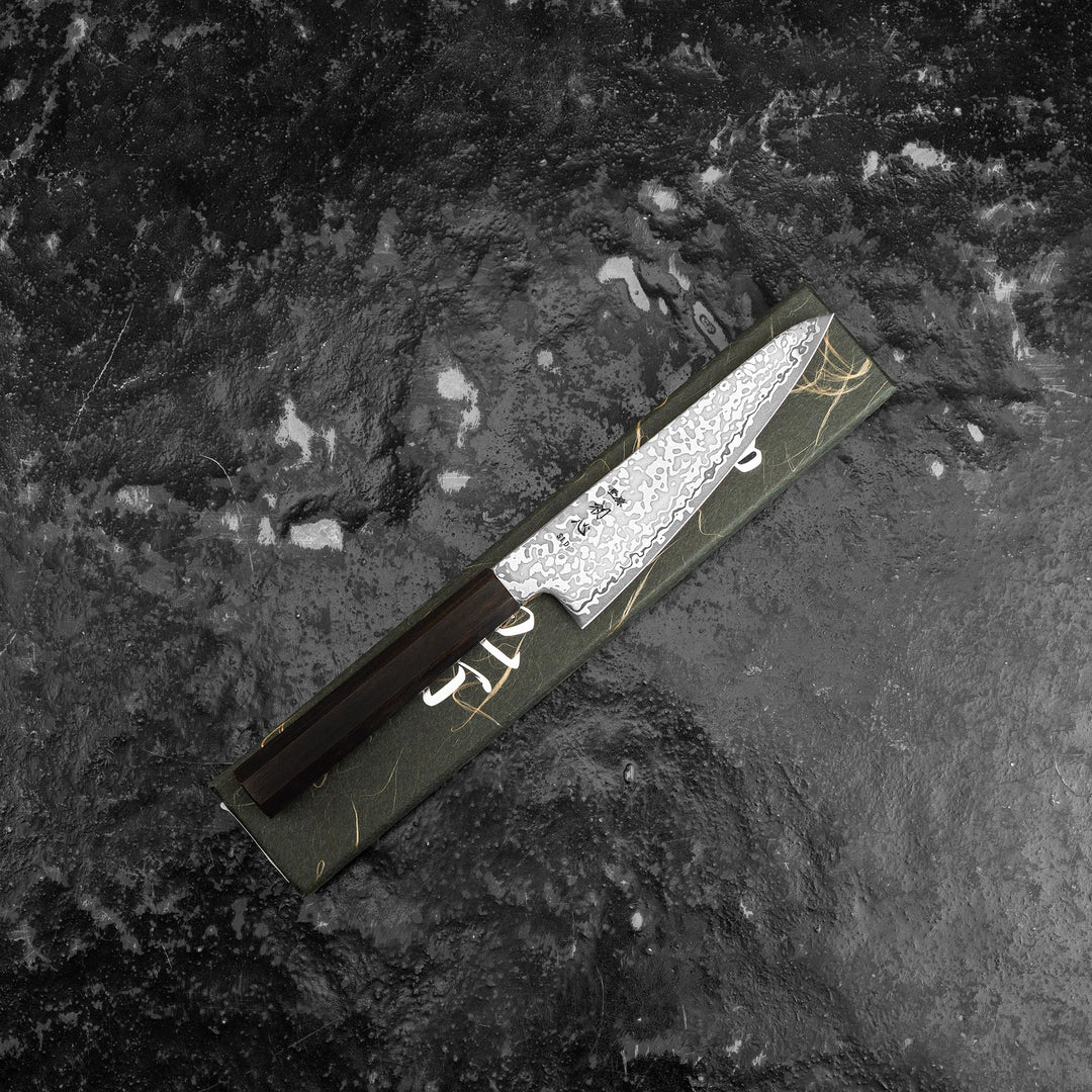 Ko-Santoku 15 cm Hatsukokoro Hikari Kurozame SLD Damascus