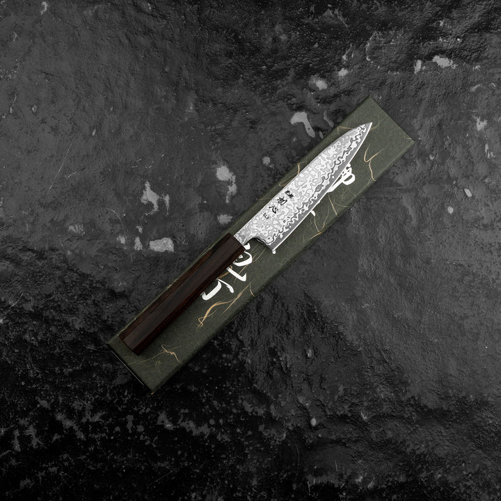 Petty 13 cm Hatsukokoro Hikari Kurozame SLD Damascus