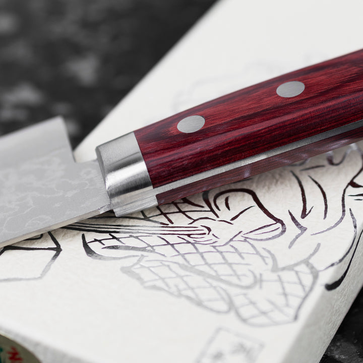 Santoku 17 cm Kunio Masutani Hammered Red VG-10 Damascus