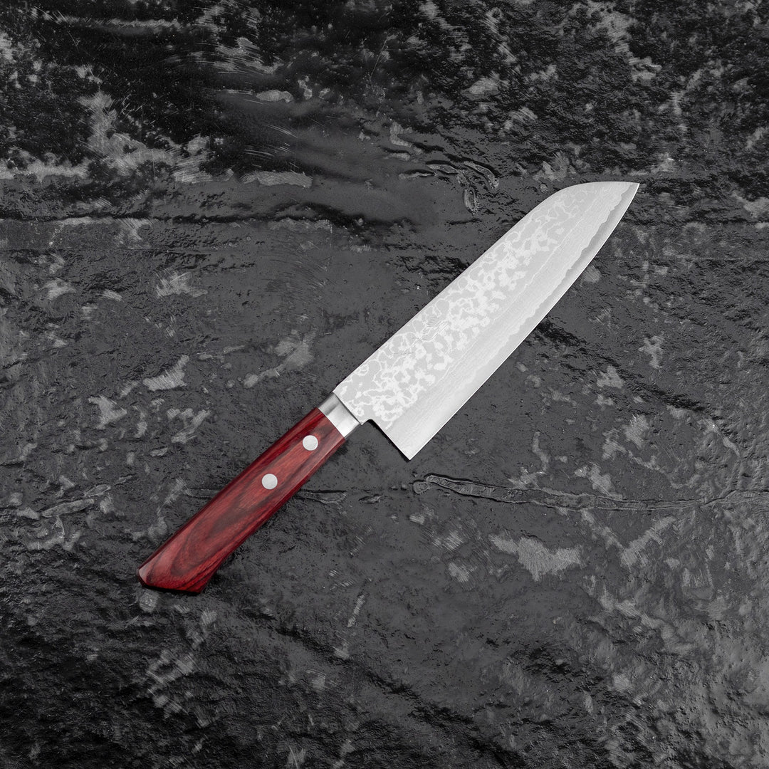 Santoku 17 cm Kunio Masutani Hammered Red VG-10 Damascus