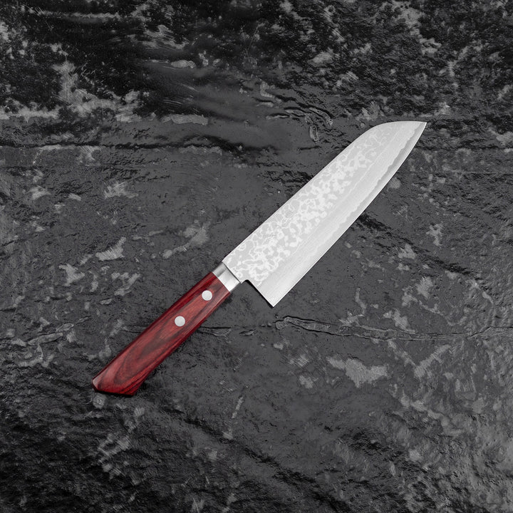 Santoku 17 cm Kunio Masutani Hammered Red VG-10 Damascus