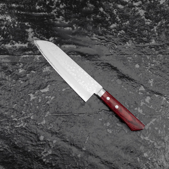 Santoku 17 cm Kunio Masutani Hammered Red VG-10 Damascus