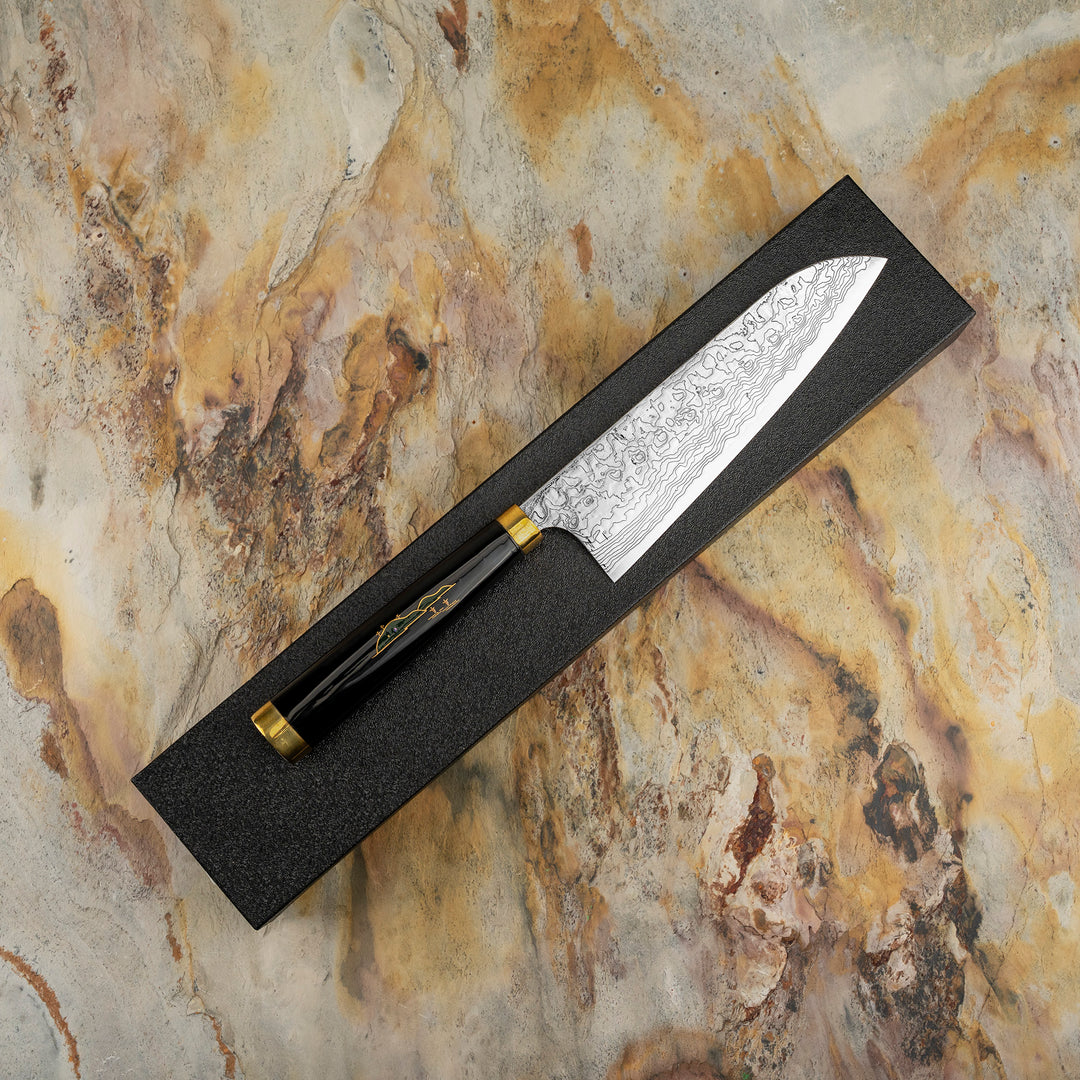 Santoku 18 cm Takeshi Saji Art Fuji on Lake R-2 + Saya