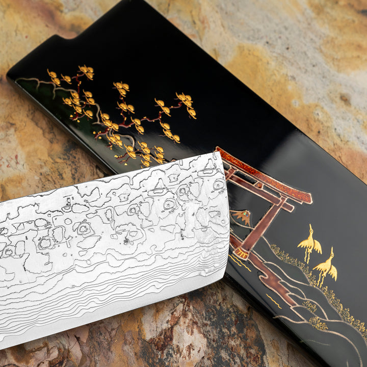 Nakiri 17 cm Takeshi Saji Art Tori Fuji on Lake R-2 + Saya