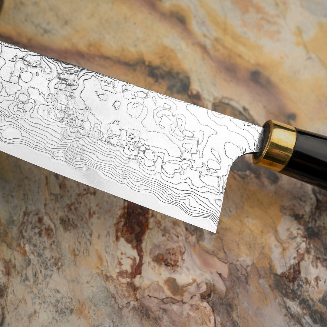 Santoku 18 cm Takeshi Saji Art Tori Fuji on Lake R-2 + Saya