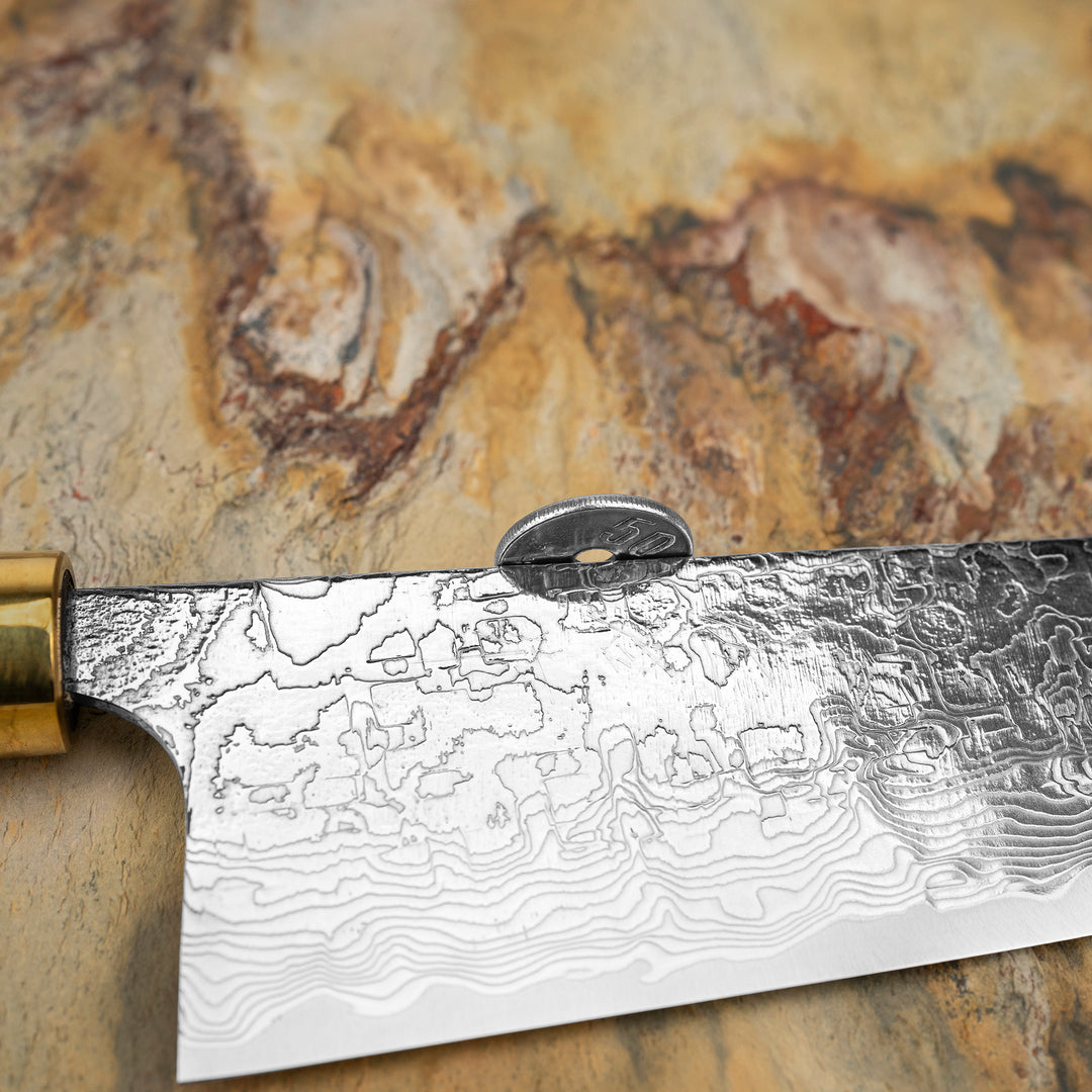 Santoku 18 cm Takeshi Saji Art Tori Fuji on Lake R-2 + Saya