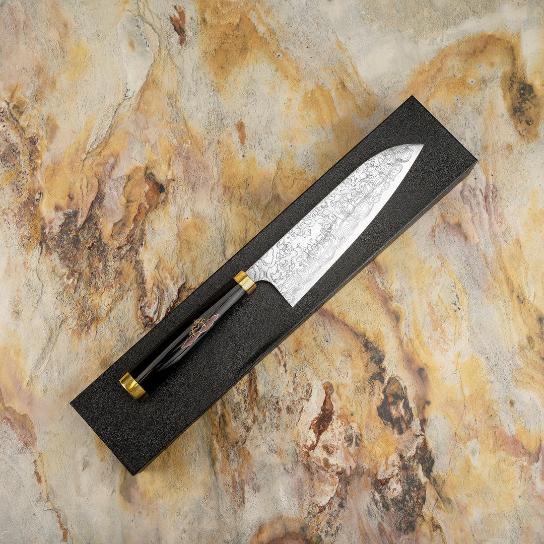 Santoku 18 cm Takeshi Saji Art Tori Fuji on Lake R-2 + Saya