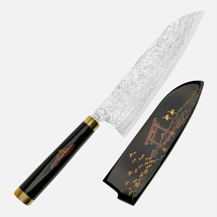 Santoku 18 cm Takeshi Saji Art Tori Fuji on Lake R-2 + Saya