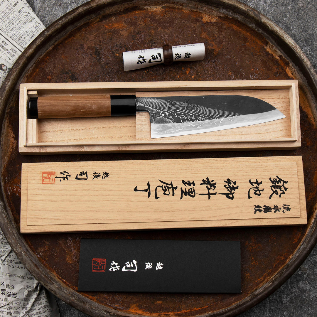 Santoku 16,5 cm Tsukasa Hinoura Black River Jump Shirogami#2