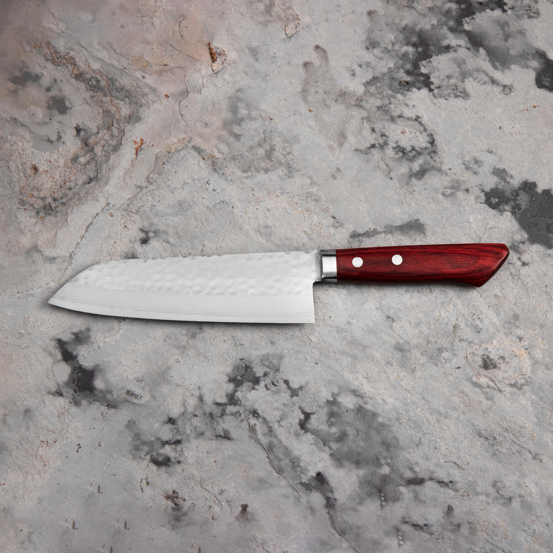 Santoku 17 cm Masutani Hamono VG-10 Hammered Red Damascus