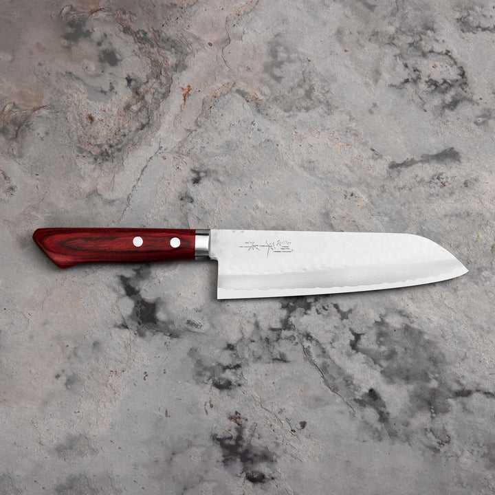 Santoku 17 cm Masutani Hamono VG-10 Hammered Red Damascus